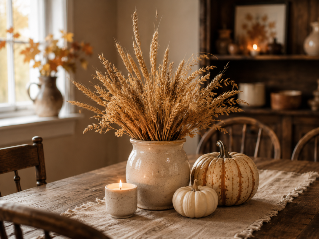 Rustic fall table centerpiece featuring dried wheat, decorative pumpkins, and a lit candle, enhancing autumn decor in a cozy dining setting.