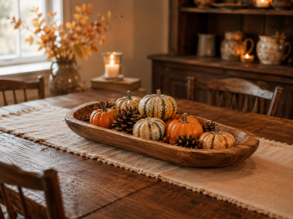 Wooden bowl centerpiece with colorful pumpkins and pinecones on a rustic table, complemented by autumn leaves and candlelight for a cozy fall atmosphere.