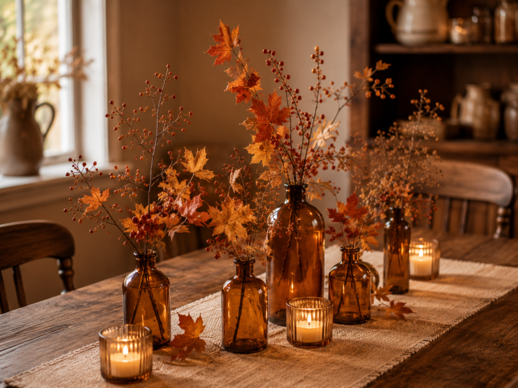 Autumn table centerpiece featuring amber bottles filled with colorful fall foliage and candles, creating a warm, inviting atmosphere for seasonal gatherings.