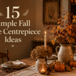 Warm autumn table setting featuring simple fall table centrepiece ideas with candles, pumpkins, and dried flowers for a cozy seasonal ambiance.