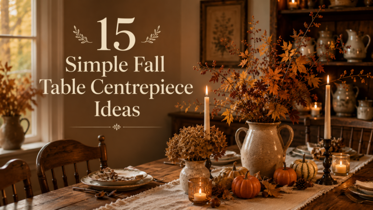 Warm autumn table setting featuring simple fall table centrepiece ideas with candles, pumpkins, and dried flowers for a cozy seasonal ambiance.