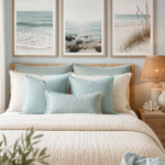 Coastal bedroom featuring serene ocean-themed artwork, soft blue pillows, and natural textures, creating a relaxing seaside retreat atmosphere.