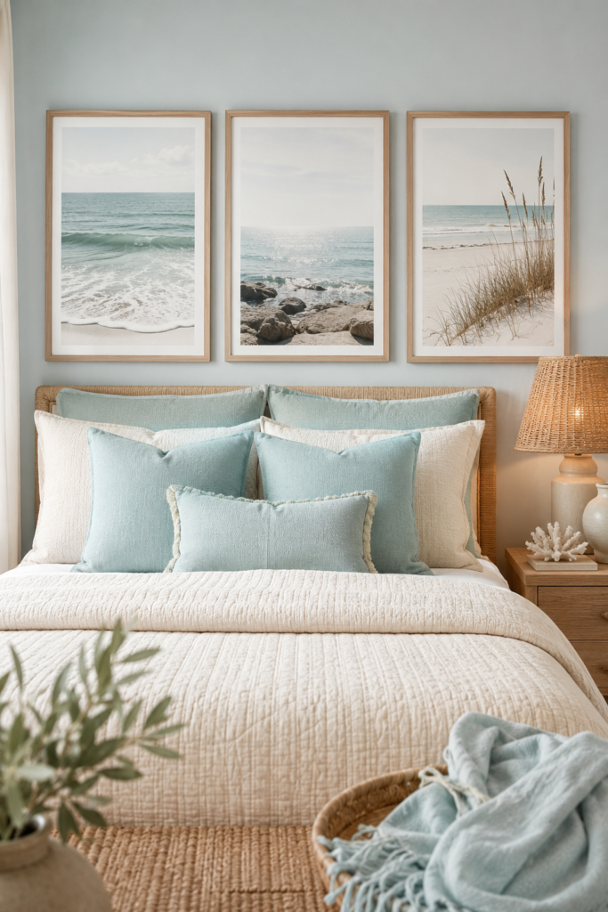 Coastal bedroom featuring serene ocean-themed artwork, soft blue pillows, and natural textures, creating a relaxing seaside retreat atmosphere.