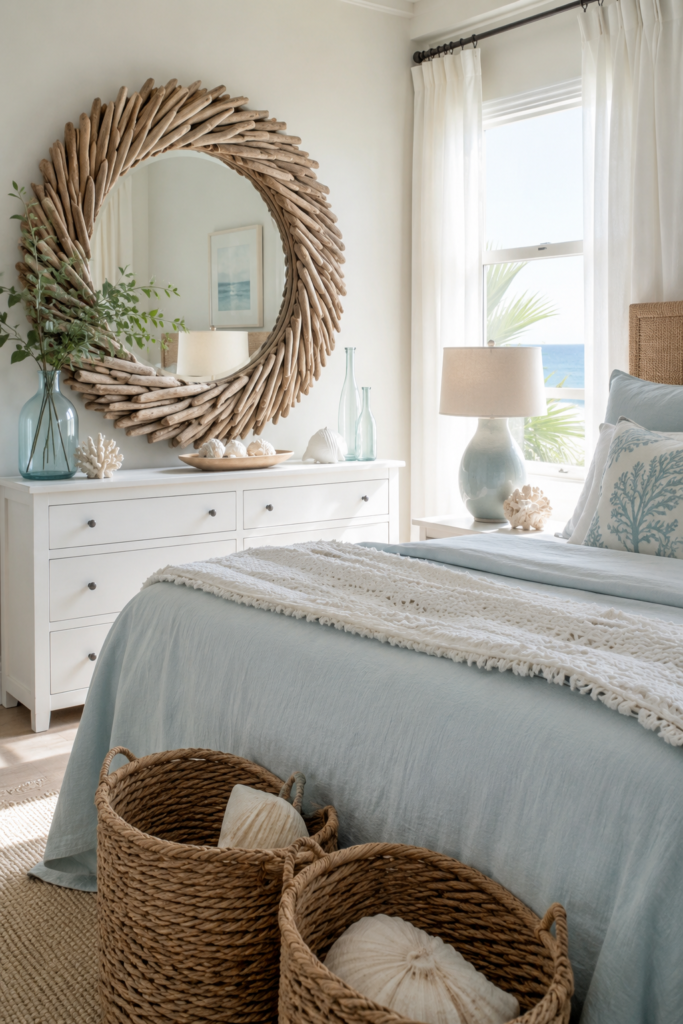 Coastal bedroom featuring a driftwood mirror, light blue bedding, natural textures, and ocean views, perfect for a relaxing seaside retreat.