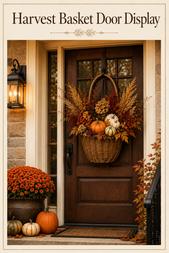 Autumn front door decor featuring a harvest basket filled with pumpkins, dried flowers, and vibrant mums, creating a warm seasonal welcome.