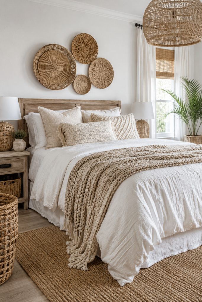 Coastal bedroom featuring natural textures, neutral tones, and woven decor for a serene seaside retreat ambiance. Ideal for relaxed, beach-inspired interiors.