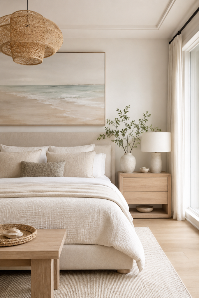 Coastal beach-inspired bedroom featuring neutral tones, natural textures, and serene artwork, creating a relaxing seaside retreat atmosphere. Perfect for beachy decor ideas.
