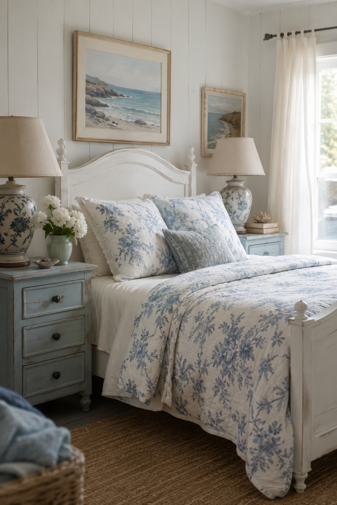 Coastal bedroom featuring a white wooden bed, blue floral bedding, and seaside artwork, creating a serene and relaxing atmosphere for a beachy retreat.