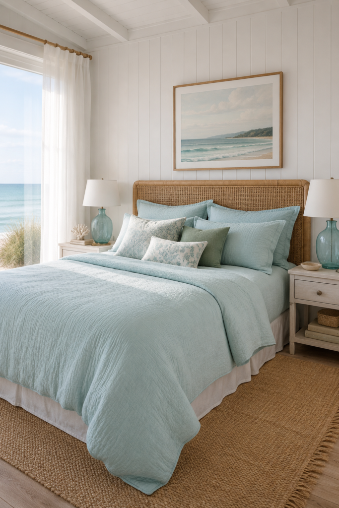 Coastal bedroom featuring light blue bedding, natural textures, and ocean views, creating a serene seaside retreat atmosphere. Perfect for beachy home decor inspiration.
