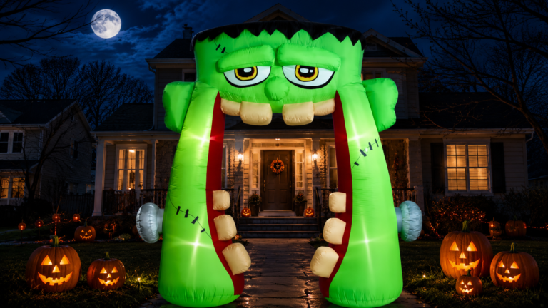 Bright green Frankenstein inflatable archway, surrounded by glowing jack-o'-lanterns, exemplifying the best Halloween inflatable arches for festive outdoor decorations.