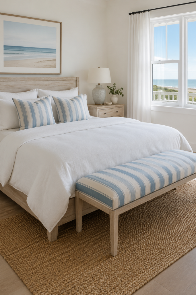 Coastal-inspired bedroom featuring a white bed, striped pillows, and a beach view, perfect for a relaxing seaside retreat.