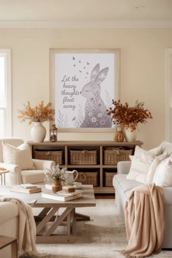 Cozy living room featuring a soothing rabbit-themed wall art, natural decor elements, and a warm color palette for a refreshing ambiance.