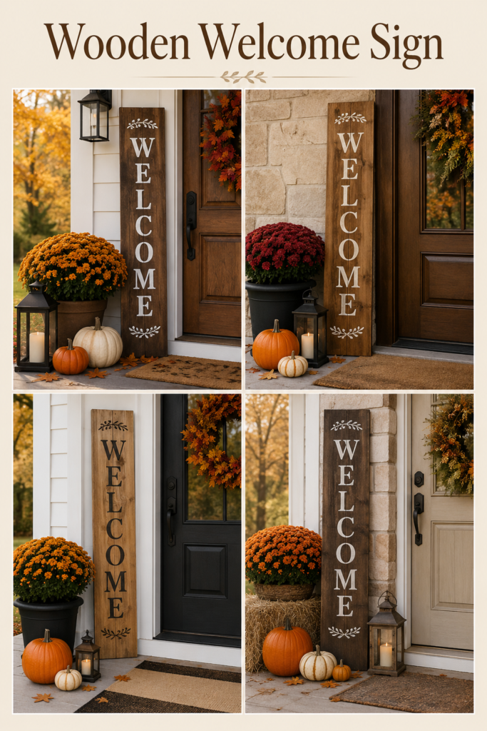 Wooden welcome signs displayed at fall-themed front doors, featuring pumpkins, flowers, and lanterns, creating a warm and inviting autumn atmosphere.
