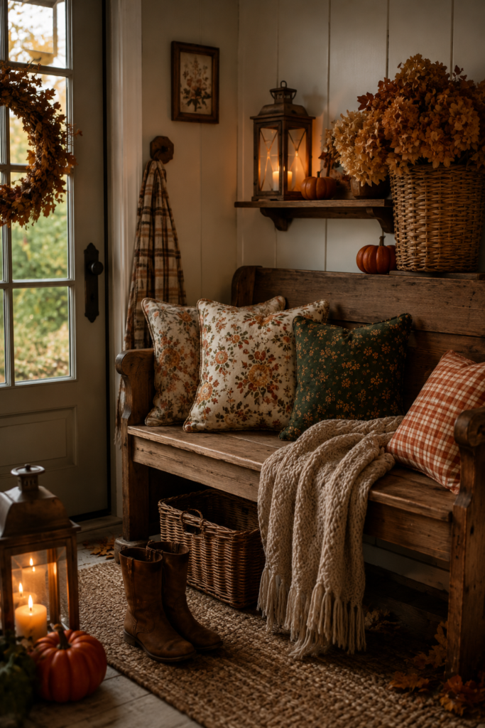 Cozy cottagecore autumn decor featuring floral pillows, warm lighting, and rustic elements, perfect for creating a charming fall ambiance in your home.