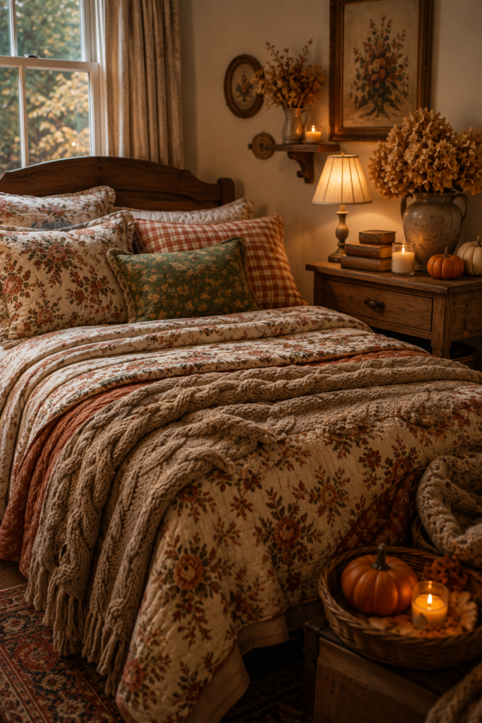 Cozy autumn bedroom featuring floral bedding, warm blankets, and rustic decor, creating a charming cottagecore atmosphere for fall home inspiration.