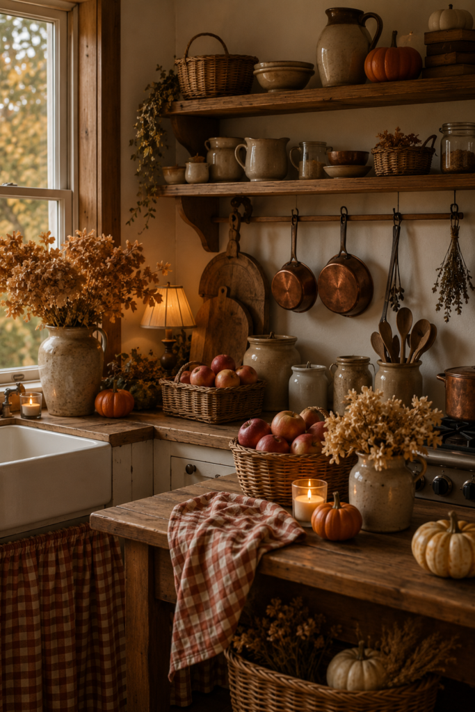 Cozy autumn kitchen decor featuring rustic baskets, apples, pumpkins, and dried flowers, creating a charming cottagecore ambiance for fall.