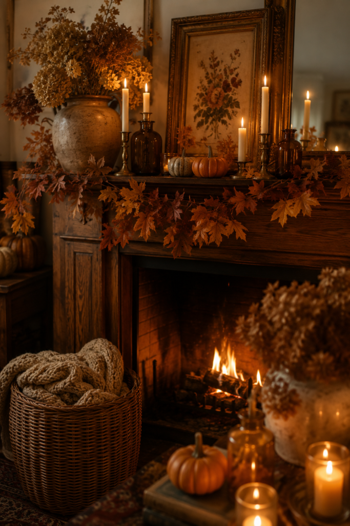 Cozy autumn fireplace adorned with pumpkins, candles, and dried flowers, creating a charming cottagecore fall decor atmosphere for a warm home.