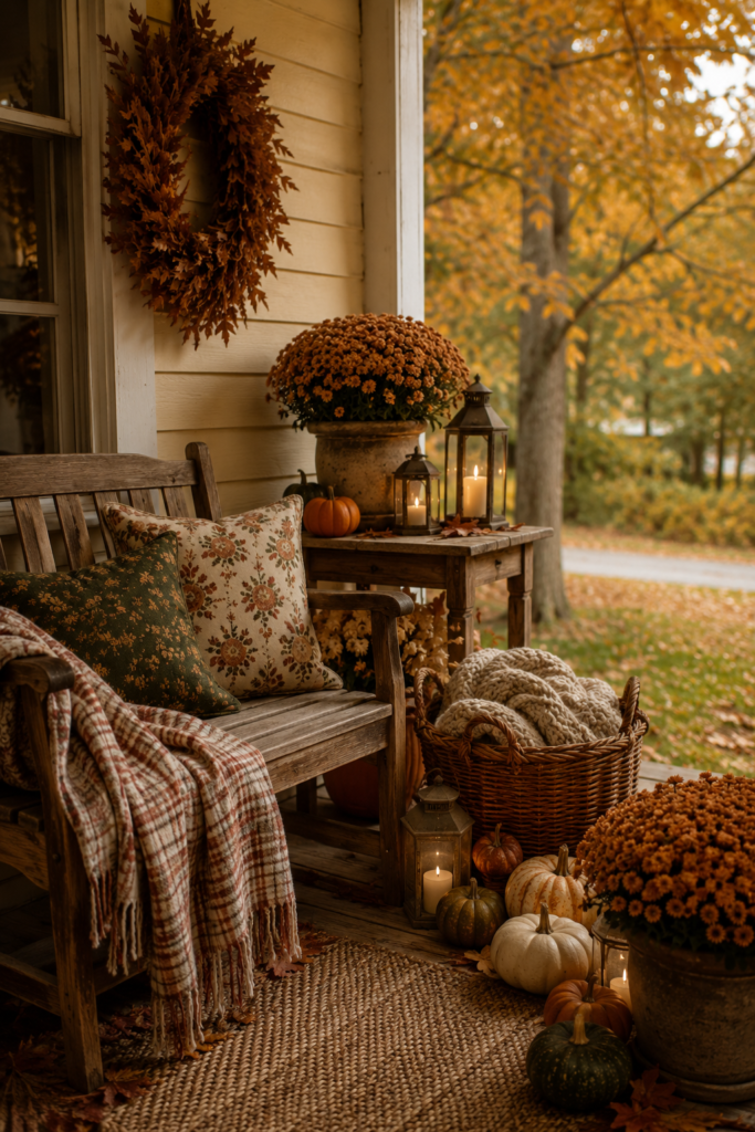 Cozy autumn porch featuring decorative pumpkins, vibrant chrysanthemums, warm blankets, and lanterns, perfect for cottagecore fall decor inspiration.