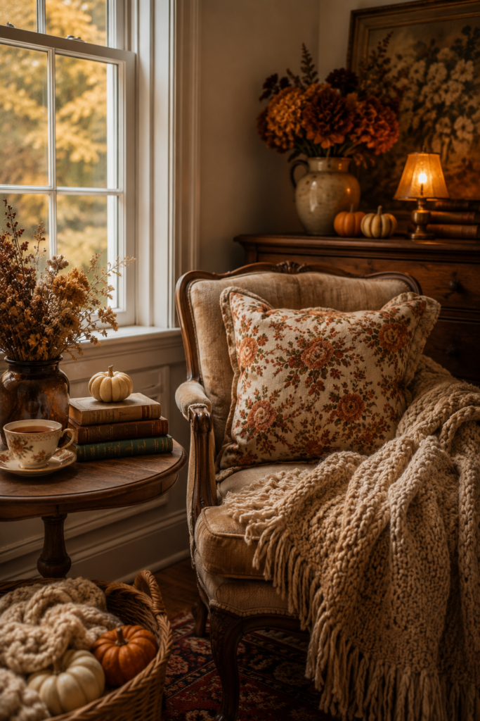 Cozy autumn living room with a vintage armchair, floral pillow, warm blanket, and seasonal decor, perfect for cottagecore fall aesthetics.
