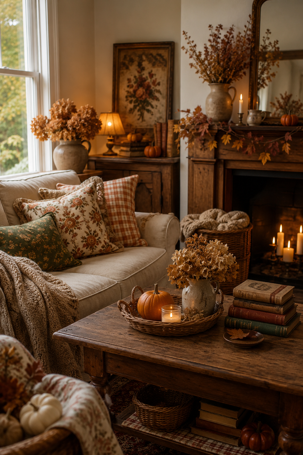 Cozy autumn living room featuring warm tones, decorative pillows, pumpkins, and candles, creating a charming cottagecore fall decor ambiance.