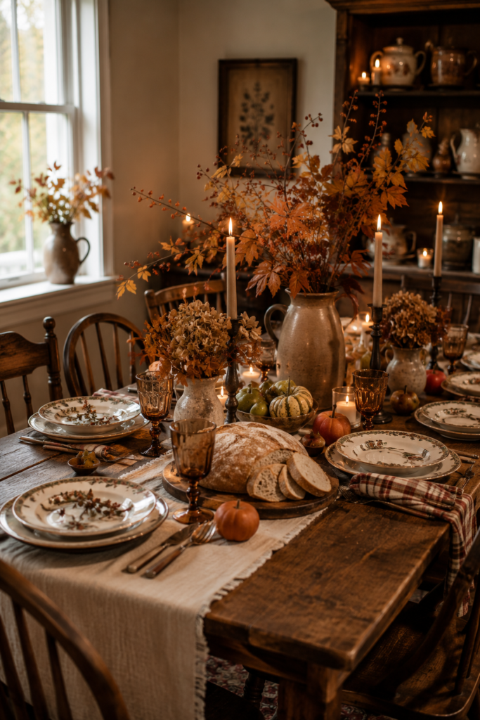 Cottagecore autumn dining table featuring rustic decor, candles, seasonal flowers, and freshly baked bread for a cozy fall atmosphere.