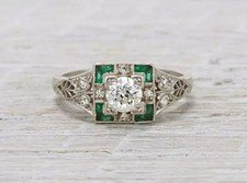 Art Deco Emerald Diamond Halo Ring 925 sterling silver Vintage Engagement Ring