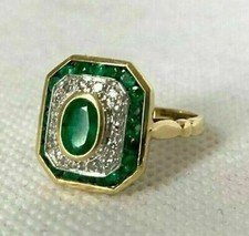 Art Deco Emerald Halo Ring Gold Plated Vintage Engagement Statement Ring Women