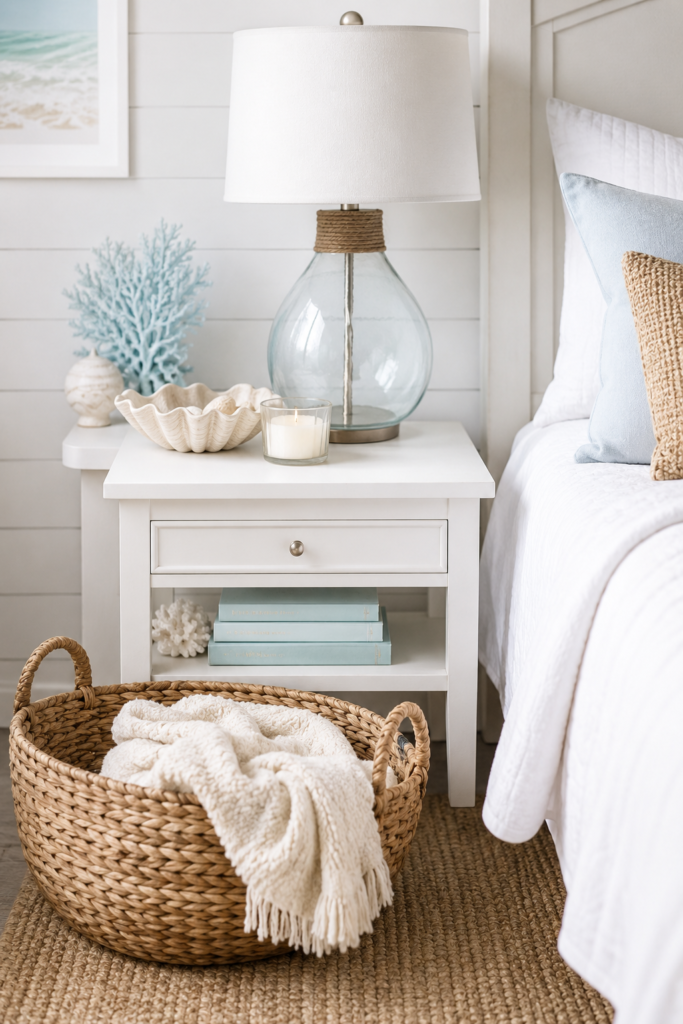 Coastal bedroom decor featuring a white nightstand, glass lamp, woven basket with blanket, and beach-themed accents for a serene seaside retreat.