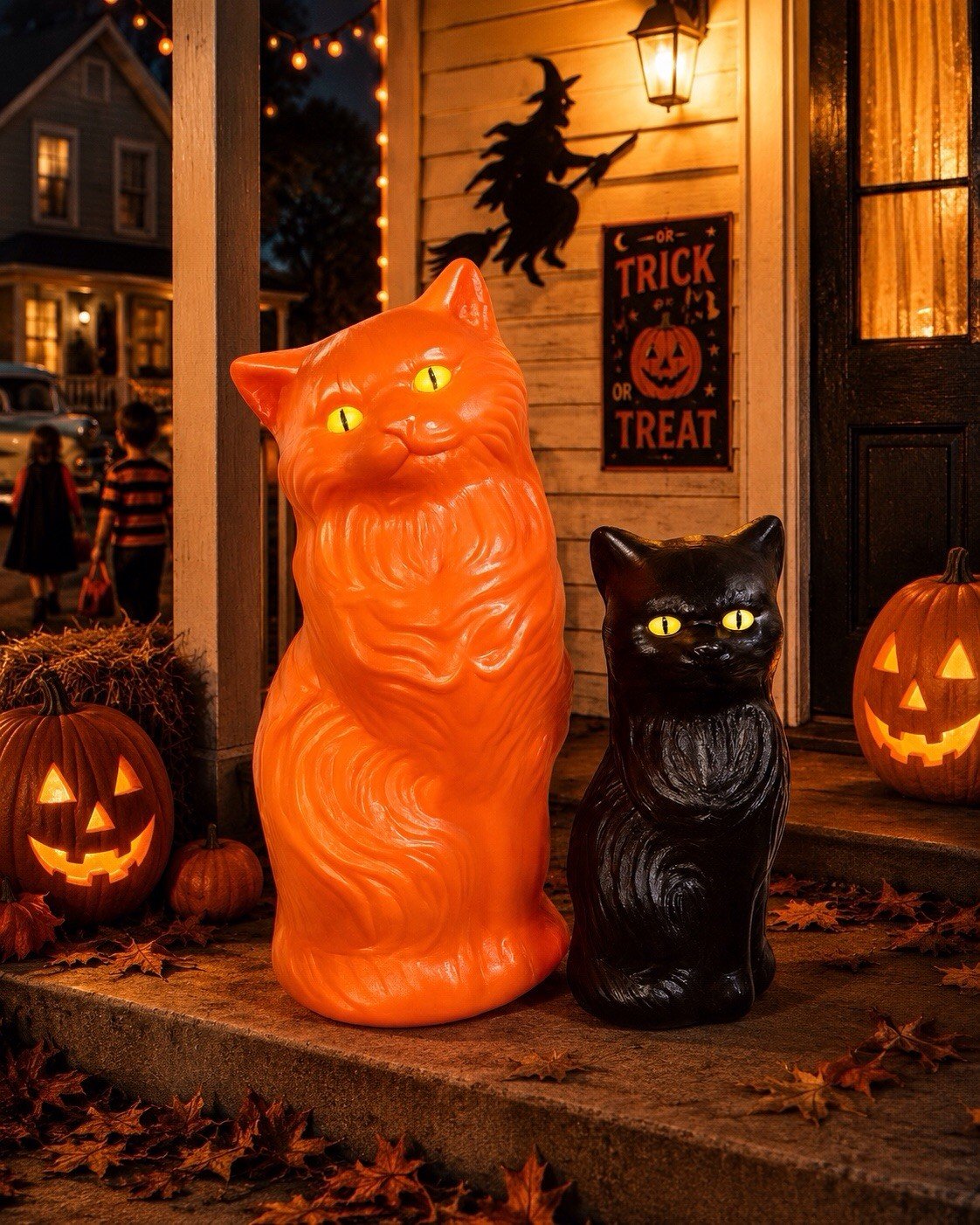 Blow Mold Plastic Halloween Black Orange Cats Bank Scary Yellow Eyes PAIR