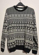 British Christmas Jumpers Mens Black Reindeer Fairisle Christmas Jumper S/M/L/XL