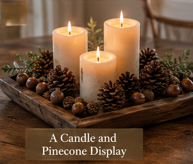 Candle and pinecone centerpiece arrangement on a wooden tray, perfect for autumn table decor and seasonal gatherings.