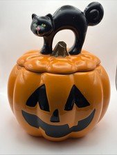Cheryl's Cookies BLACK CAT & JACK-O-LANTERN 11" Cookie Jar Halloween Pumpkin