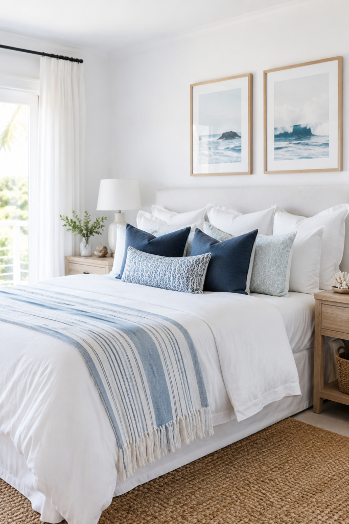 Coastal bedroom featuring a white bed with blue accents, decorative pillows, and ocean-themed artwork, perfect for a relaxing seaside retreat.