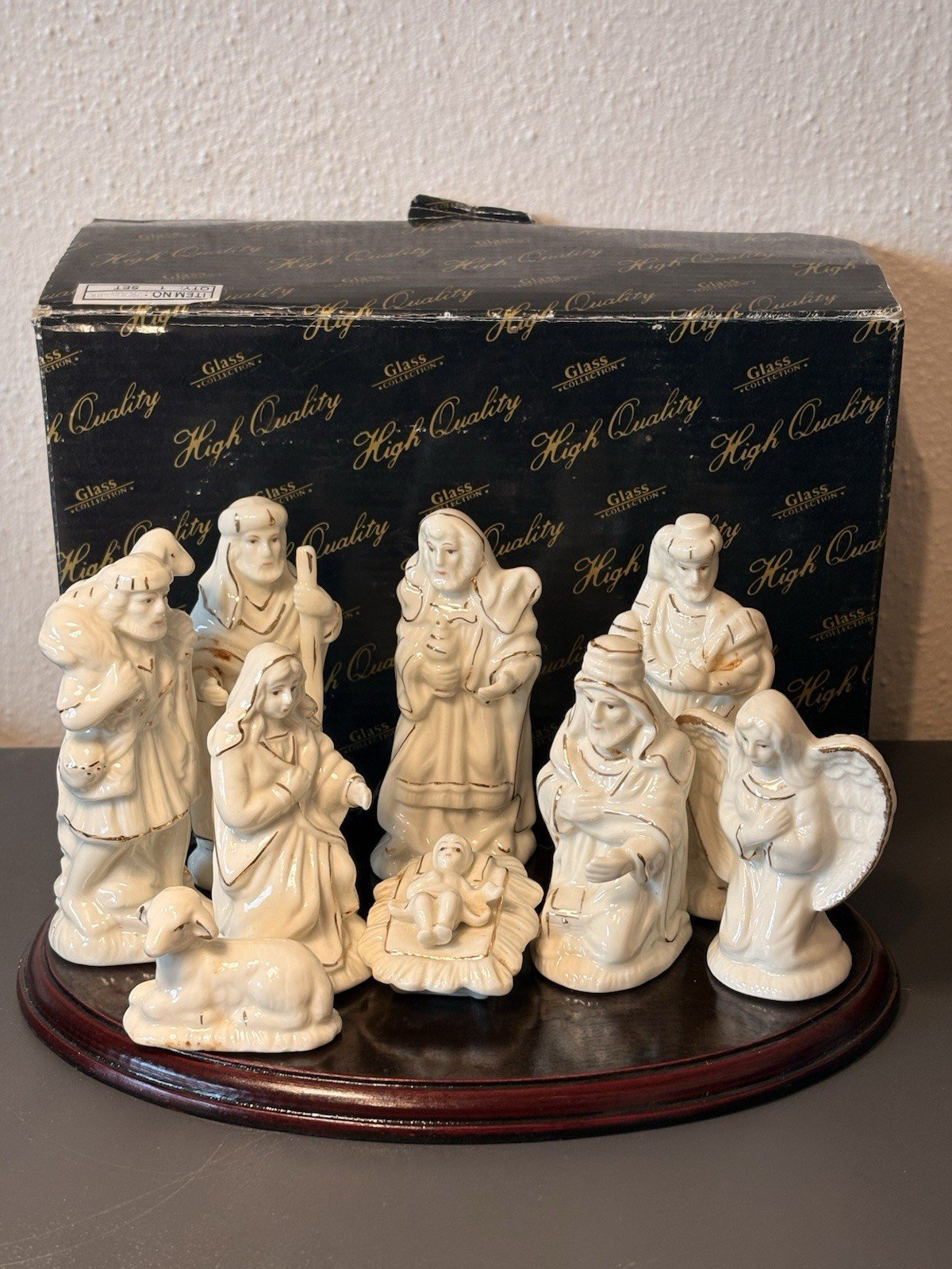 Collectible 9 pc. porcelain Nativity Set with With Wood Base