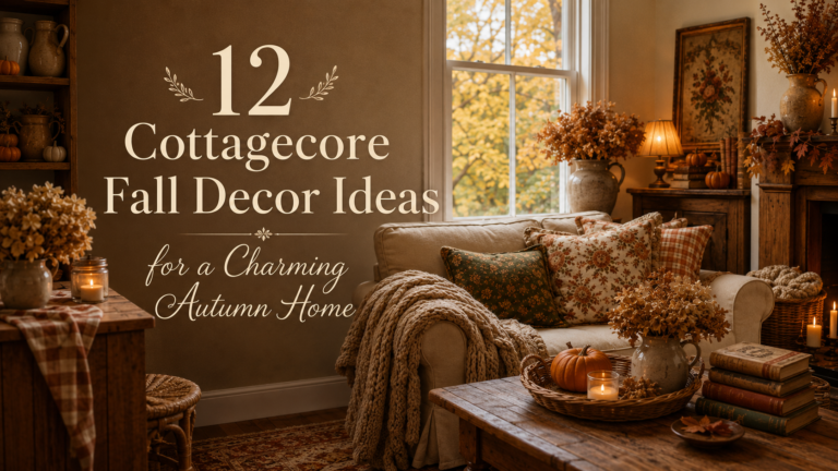 Cozy autumn living room showcasing 12 Cottagecore Fall Decor Ideas, featuring warm colors, rustic furniture, and seasonal accents for a charming home ambiance.