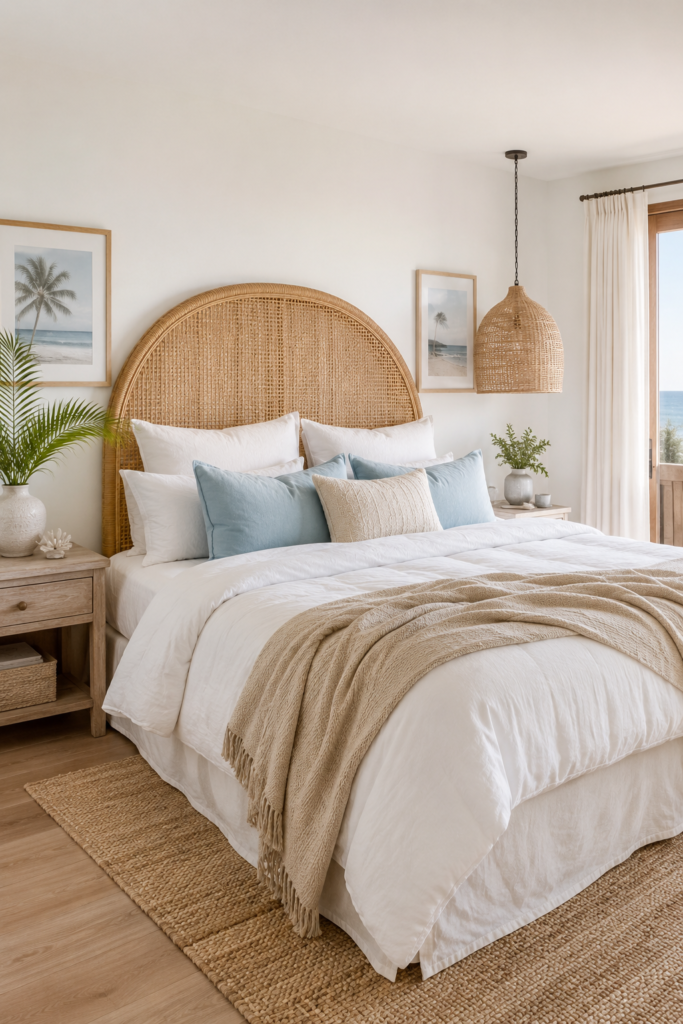 Coastal bedroom featuring a rattan headboard, soft blue pillows, and natural decor for a serene seaside retreat ambiance.