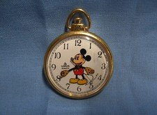 DISNEY MICKEY MOUSE thin POCKET WATCH W/ CHAIN - WORKING WELL - NU BATTERY