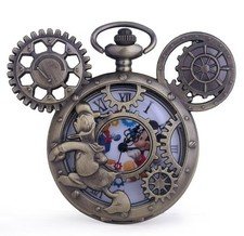 Donald Duck &Mickey Mouse Vintage Style Bronze Disney Pocket Watch w/ Mouse Ears