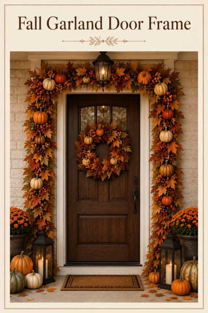 Fall-themed front door decorated with garlands, pumpkins, and lanterns, creating a warm, inviting atmosphere for autumn celebrations.