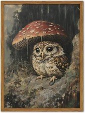 Framed Vintage Owl Canvas Wall Art, Cute Bird Mushroom Pictures Wall Decor, C...