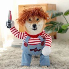 Funny Killer Pet Dog Cat Halloween Cosplay Costume Clothes Holiday Dress + Hair