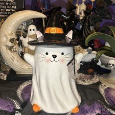Goblin & Ghoul Adorable Ghost Cat Cookie Jar With Lid Halloween