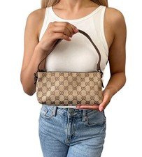 GUCCI Vintage GG Monogram Shoulder Bag Pochette Beige Brown Leather 902034