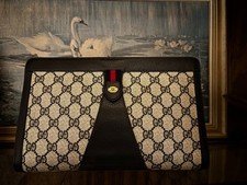 GUCCI Vintage Sherry Line Navy/Gary Monogram Clutch