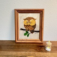 Hand Painted Owl On Branch Owl Art Decor. 8 x 10 Vintage