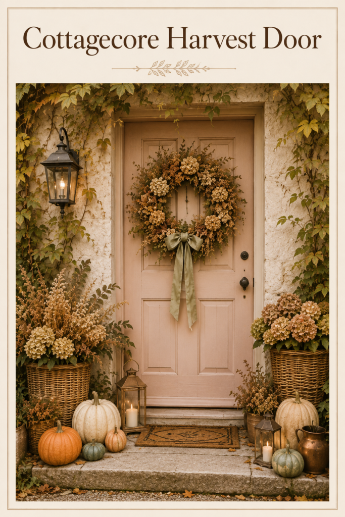 Cottagecore-inspired front door decorated with a floral wreath, pumpkins, lanterns, and autumn foliage, creating a warm fall atmosphere.