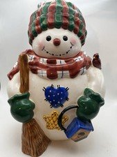 Holly Tree Snowman Cookie Jar Colorful Ceramic VTG 11" Hand Painted Christmas.