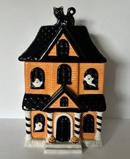 Jack Lantern Lane Haunted House Ghost Cat Halloween Ceramic Cookie Jar