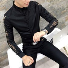 Men Casual Shirt Formal Work Hollow Out Sleeve Gothic Steampunk Tops Clubwear
