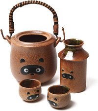 Mino Ware Tanuki Raccoon Sake Set - 4-Piece Ceramic with Warmer & Cups